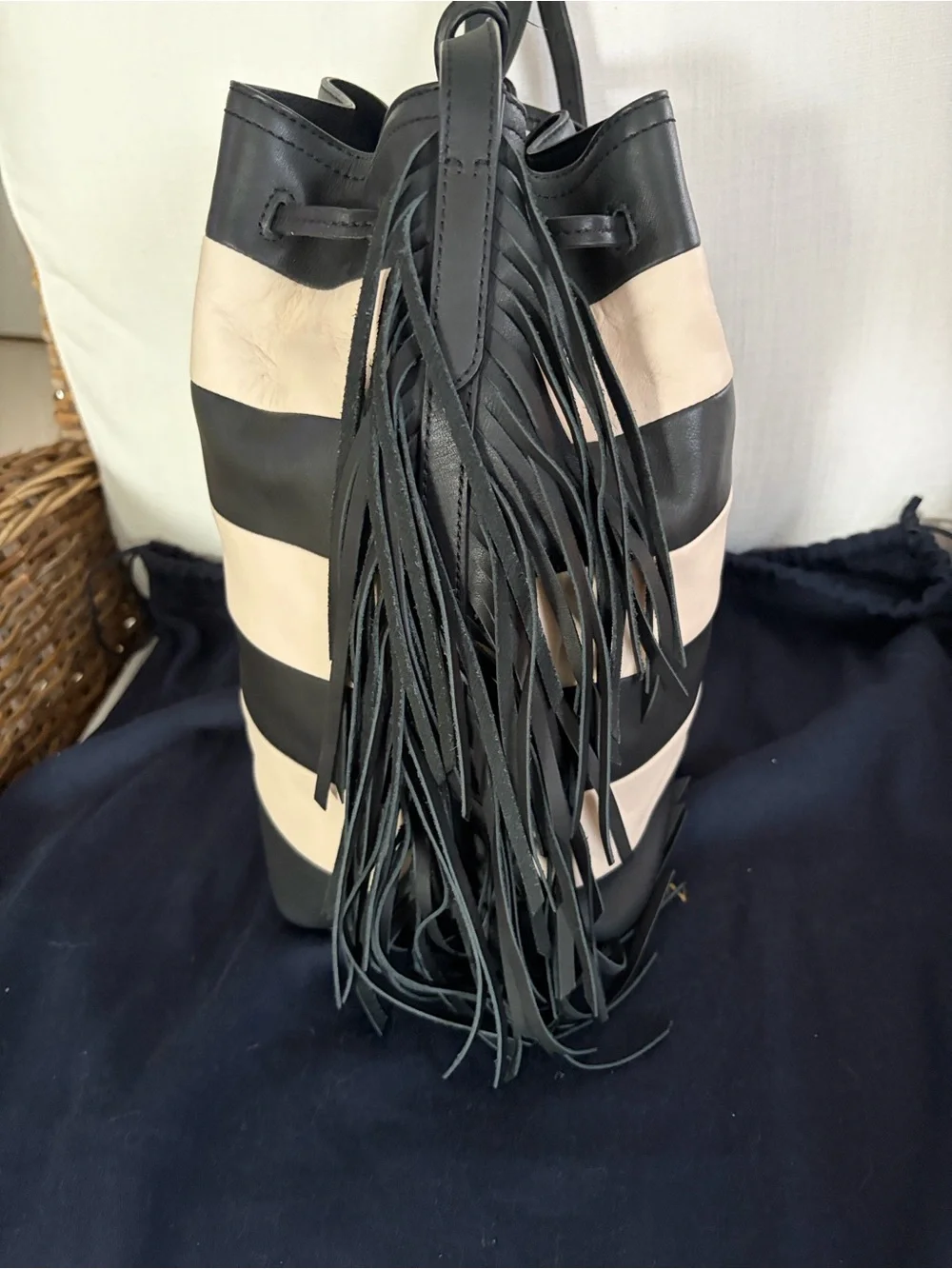 Ralph Lauren Black and cream leather bucket bag with wristlet